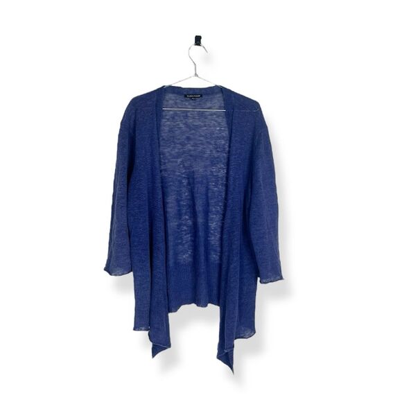 Eileen Fisher Linen Blue Purple Waterfall Open Front 3/4 Sleeve Cardigan Sweater - Picture 2 of 5